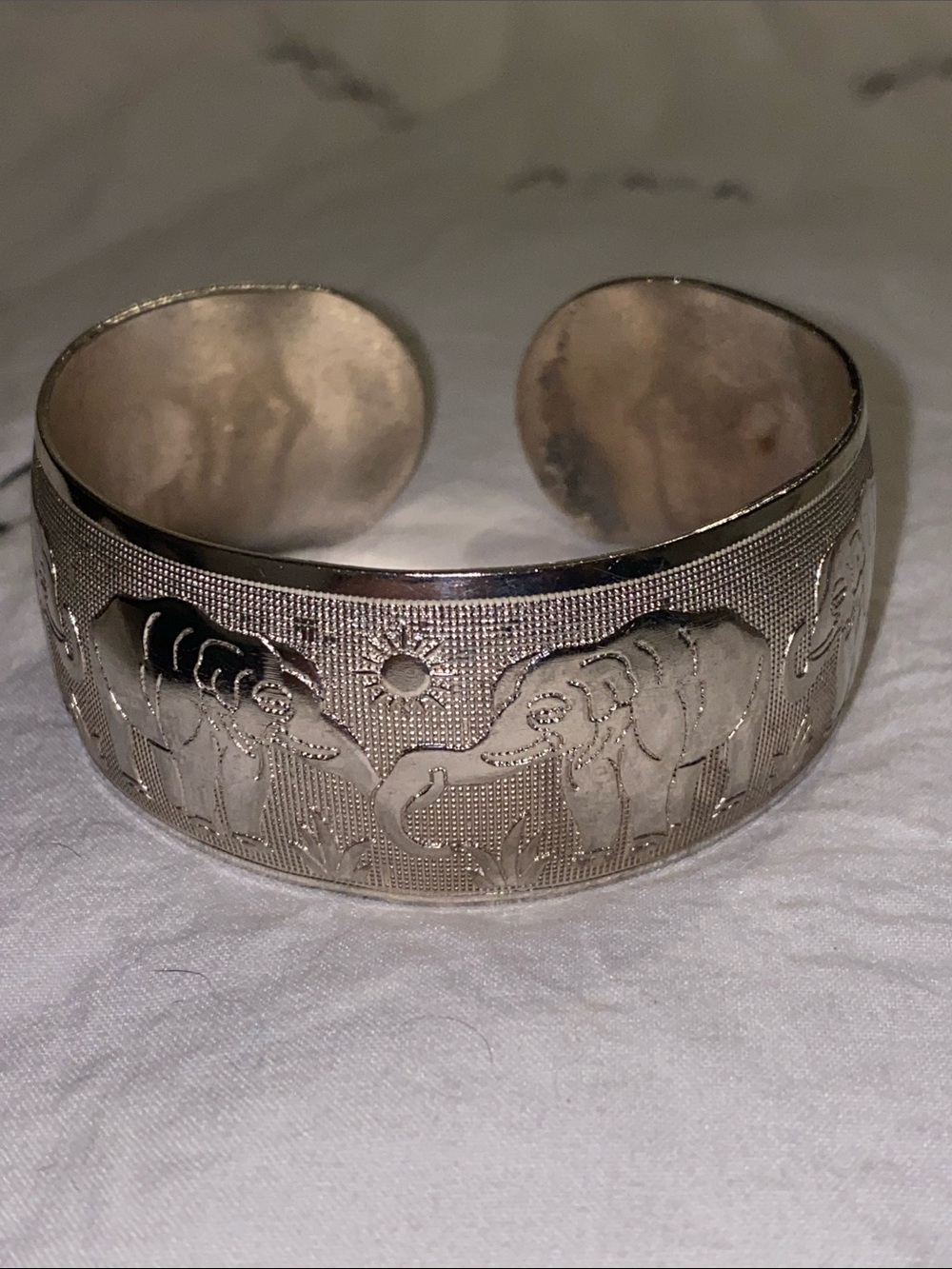 Vintage 925 Silver Elephant Cuff Bracelet with Sun Motif